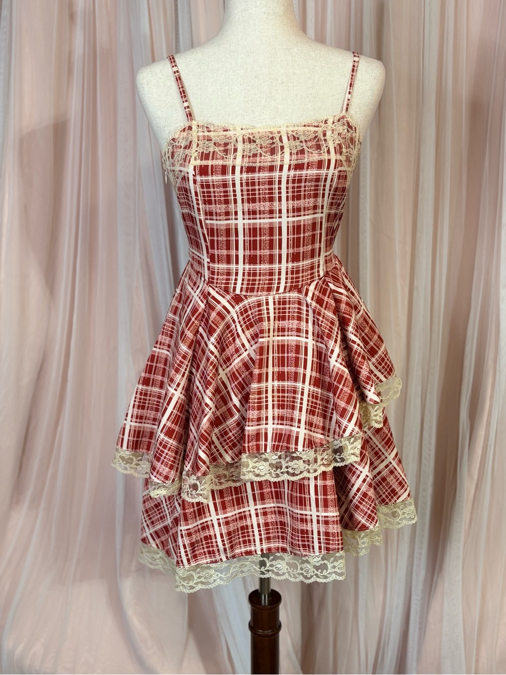Red Plaid Lace Tiered Cottagecore Coquette Mini Dress Size M - Picture 14 of 16